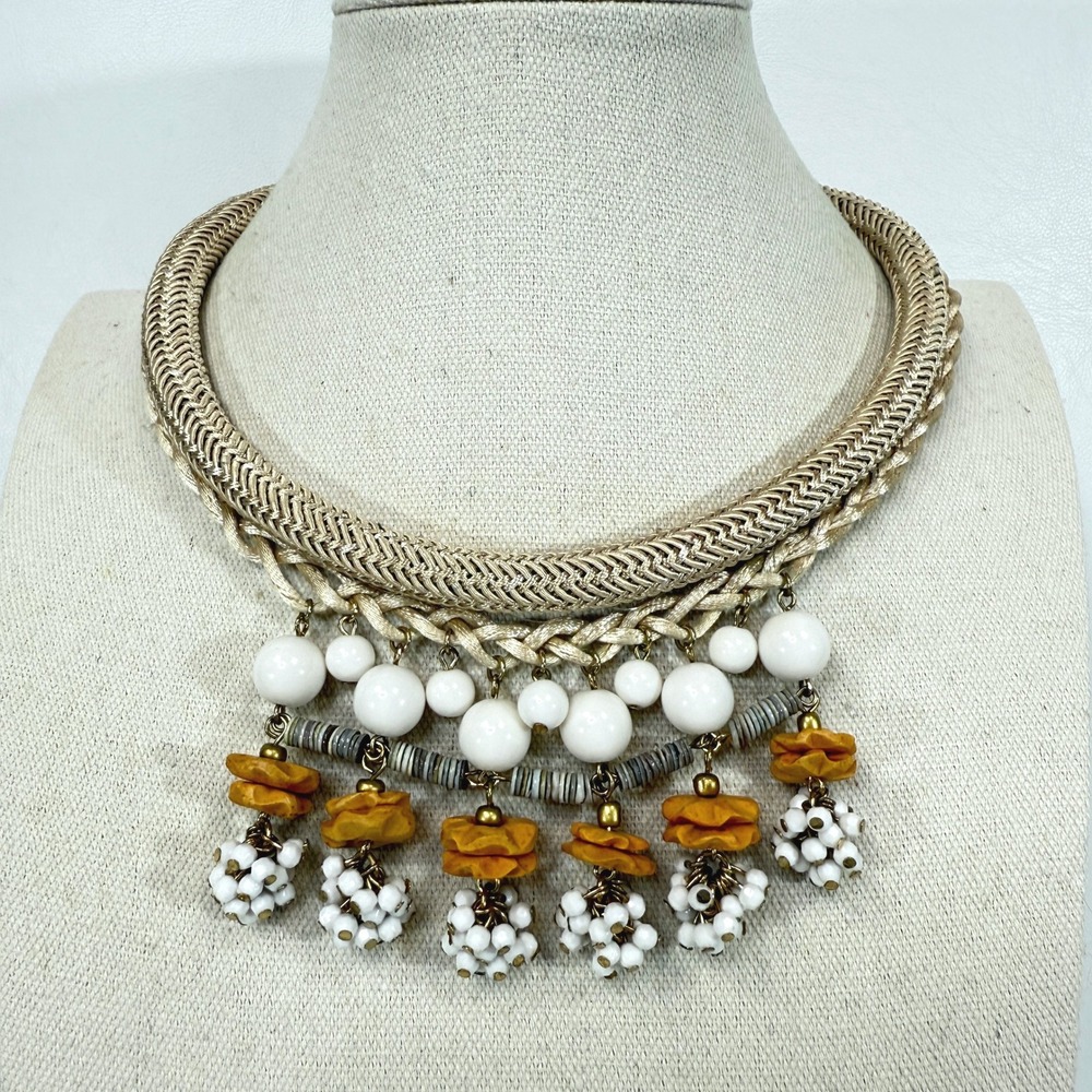 Loft Statement Necklace Gold Braided Cord White‎ Orange Beaded Boho
